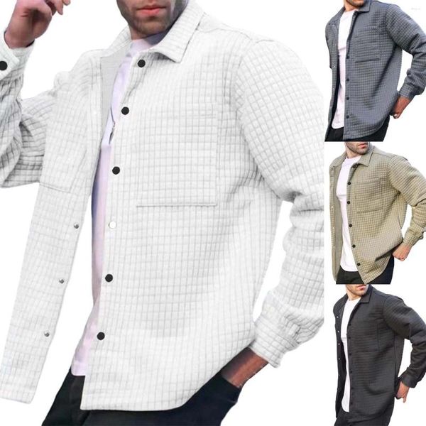 Camisas masculinas outono e inverno casual manga comprida lapela camisa jaqueta cor sólida xadrez todos os homens casacos com zíper fora do capuz