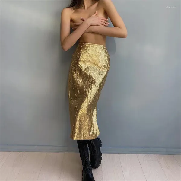 Юбки, летняя тонкая золотистая женская юбка, элегантная шикарная уличная одежда миди с разрезом, винтажная женская одежда Faldas 2023 для женщин