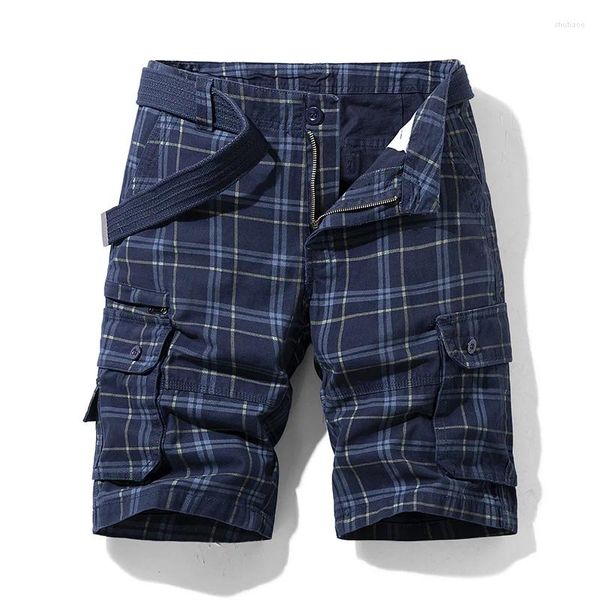 Männer Shorts 2024 Sommer Mode Plaid Baumwolle Casual Reithosen Fracht Männer Atmungsaktiv Schnell Trocknend Multi Tasche Hip Hop