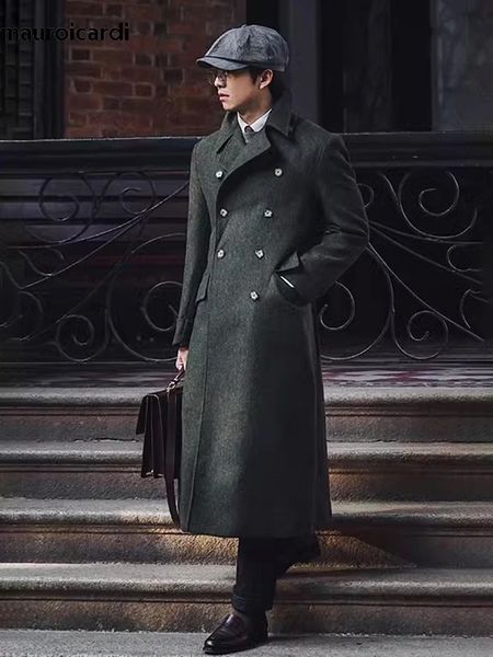 Мужское полушерстяное пальто Mauroicardi на осень-зиму, длинное теплое зеленое пальто-поло, мужское двубортное крутое роскошное элегантное пальто в английском стиле 231031