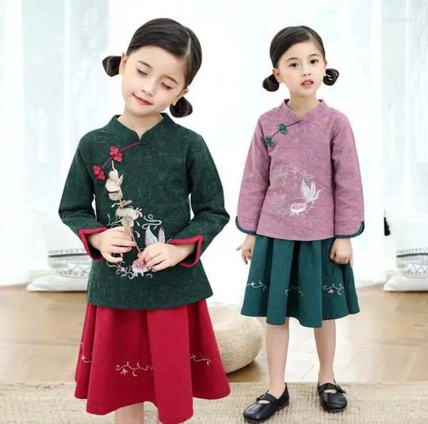 Conjuntos de roupas bordados peixes trajes tradicionais chineses meninas cheongsam hanfu crianças 2 pc/set conjunto étnico roupas infantis