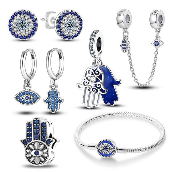 Brincos de pulseira colar diabo olhos conjunto de jóias para mulheres casamento azul zircônia original 925 prata pulseira brincos mão de Fátima encantos terno jóias 231030