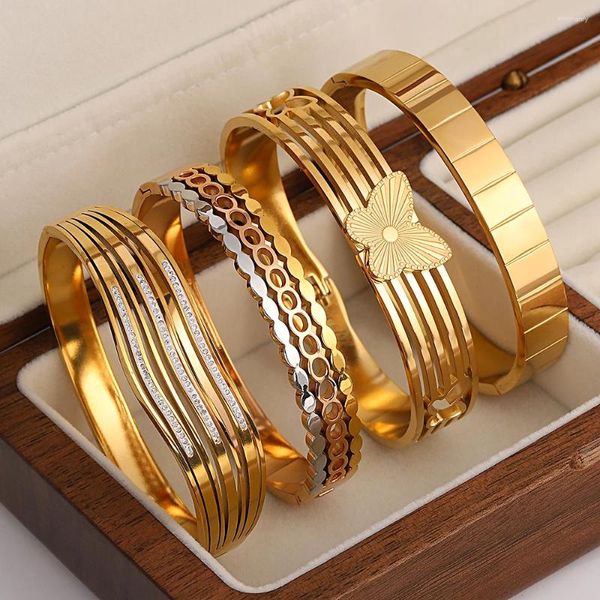 Armreif Mode Golden Edelstahl Für Frauen Charme Dicke Breite Manschette Armbänder Stapelbar Armband Wasserdicht Schmuck Geschenk