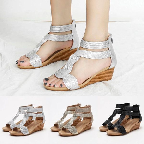 Sandalen Mode Frühling Sommer Frauen Mittlere Ferse Keil Zurück Reißverschluss Offene spitze Knöchelriemen Einfarbig Bär Für