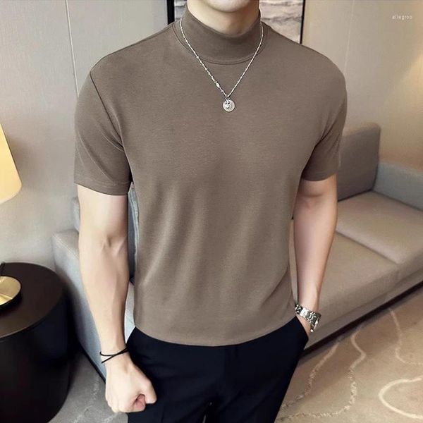 Herren -T -Shirts Herbst Turtleneck Elastic Cotton Cason -Hemd für Männer kurzärmelige Feste Farbe warm warmes Tee Korean Slim Fit Streetwear 4xl