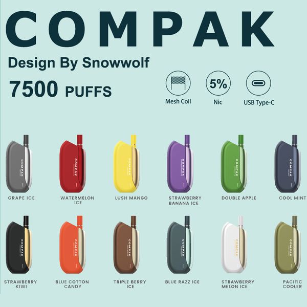 COMPAK Design By Snowwolf Original 7500 Puffs Одноразовые сигареты Puff Одноразовые сигареты Puff 5% 650 мАч Сетчатая катушка Type-C 12 фруктовых вкусов