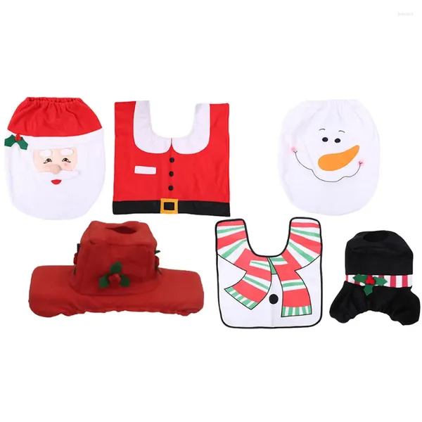 Tampas de assento do vaso sanitário 3pcs tampa do tanque com caixa de papel Papai Noel / boneco de neve Natal tapete de banheiro conjunto confortável para decoração