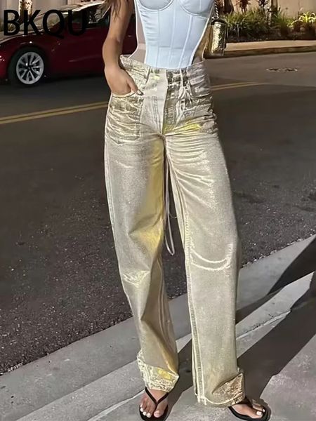 Женские джинсы BKQU, американские прямые женские брюки с высокой талией 2023, модные широкие джинсовые длинные брюки цвета металлик, золото в стиле ретро, блестящие женские брюки 231031