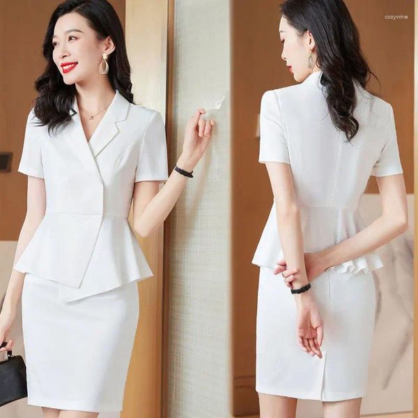 Vestido de duas peças branco preto feminino saia terno verão elegante blazers topos ternos senhora do escritório negócios trabalho wear formal 2 conjuntos