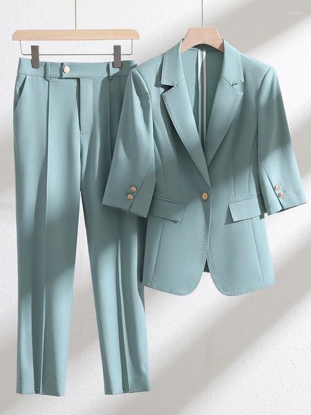 Pantaloni a due pezzi da donna Primavera Estate Blazer e tailleur pantalone Donna Verde Giallo Beige Rosa Abbigliamento da lavoro formale Set da 2 per ufficio