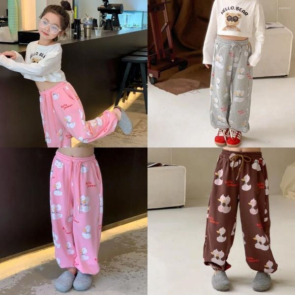 Pantaloni Pantaloni sportivi con stampa completa di anatra per bambini 2023 Abbigliamento autunnale Piedi larghi per ragazzi e ragazze Casual lunghi