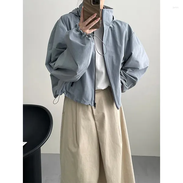 Trench Coats femininos corta-vento azul marrom casaco casual com capuz curto estilo montanha