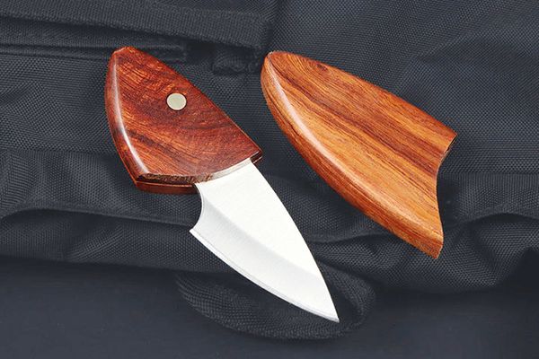 Aktion: Kleines EDC-Taschenmesser, D2-Satinklinge, Palisandergriff, Schlüsselanhänger, Messer, Outdoor-Ausrüstung mit Holzscheide