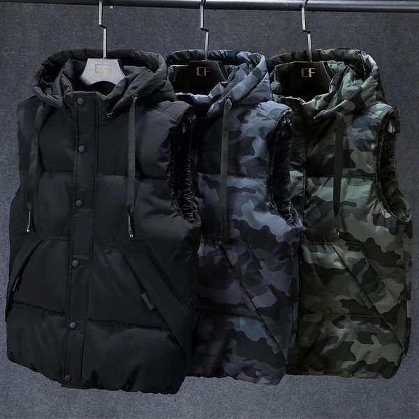 Coletes masculinos plus size l 7xl outono inverno homens colete 2023 casual sem mangas jaquetas com capuz moda camuflagem colete roupas 231031