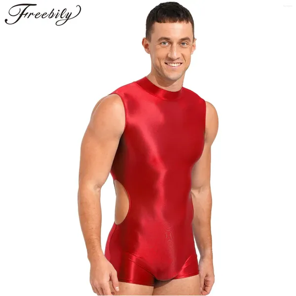 Roupa de banho masculina maiô brilhante elástico sem mangas bodysuit curto macacão para esportes fitness ginástica treino atlético