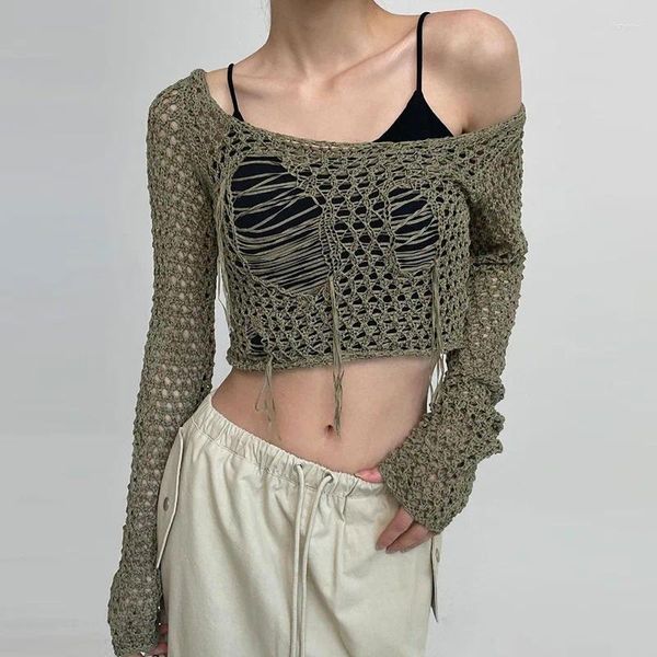 Женские свитера Y2K вязаный топ женский с длинным рукавом ажурный укороченный свитер корейский стиль вязаная крючком футболка в трикотажной одежде