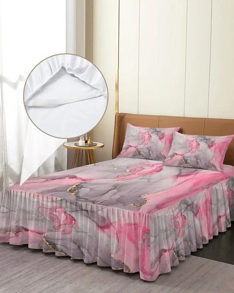 Yatak etek mermer doku suluboya pembe gri gri elastik takılmış yatak örtüsü Yastık