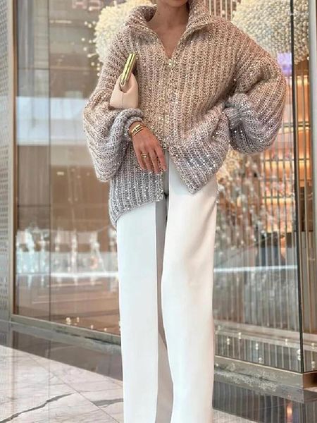 Maglieria da donna Elegante maglione con paillettes Donna Moda Lurex Manica lunga Allentato Femminile Cerniera Cardigan in maglia 2023 Autunno Streetwear