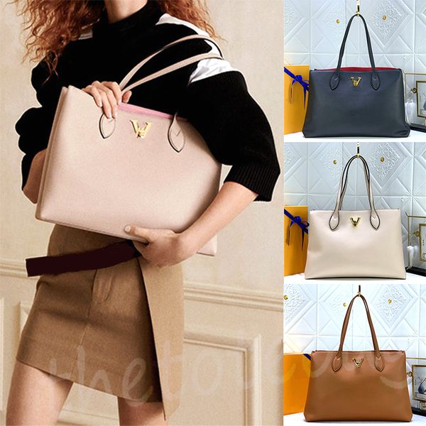 Hochwertige Lockme Totes Fashion Shopper Einkaufstasche aus genarbtem Echtleder Designer-Schulterhandtasche Einkaufen Schwarz Braun Grau Greige Tasche Große Kapazität Pursrs