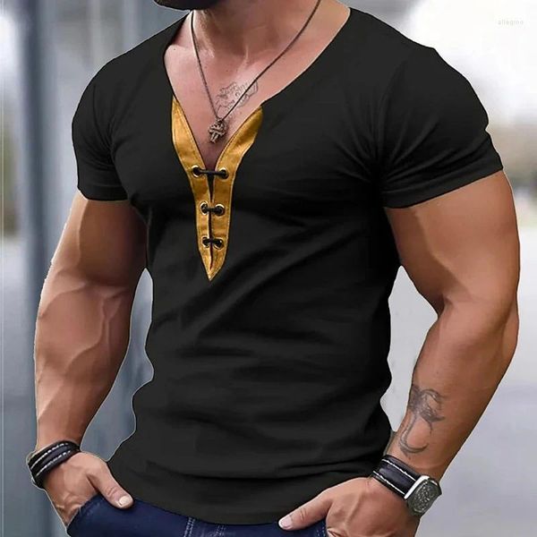 Homens camisetas Moda V Neck Camisa Homens Casual Lace-up Pulôver Tops Verão Mens Camisetas Streetwear Vintage Lantejoulas Patchwork Tee Masculino