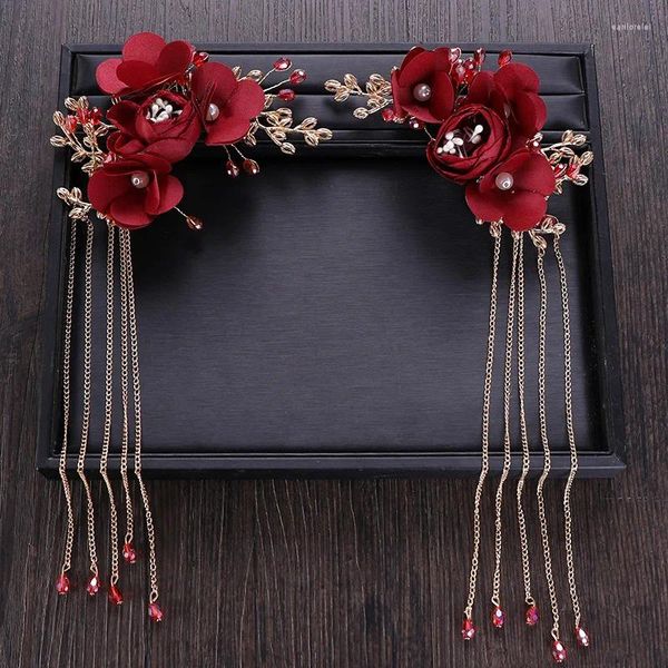 Grampos de cabelo 1 par vermelho rosa flor fada borla hairpin acessórios de casamento chinês