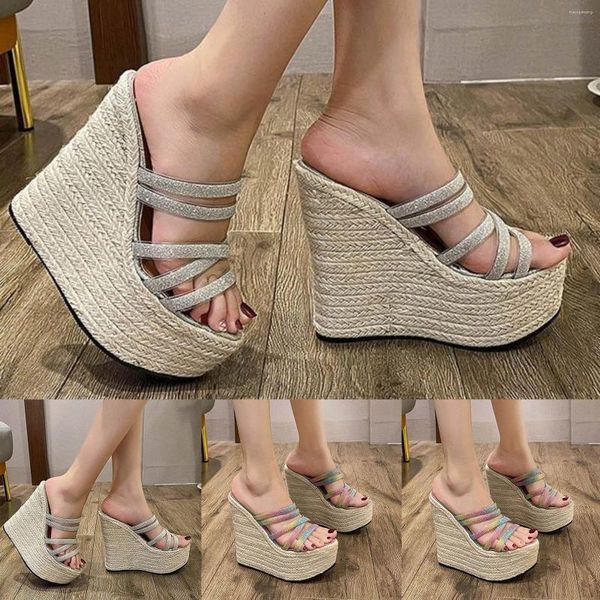 Sandalet Ultra Yüksek Kama Topuklu Çok Strap Kadınlar Glitter Platform Toe Lady Espadrille Mules Topuklu Kadınlar