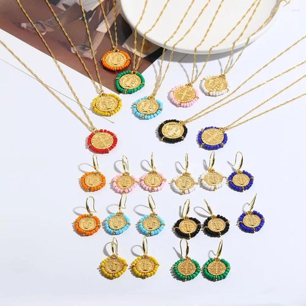 Collana di orecchini set perline di ceramica fatte a mano orecchini pendenti con ciondolo gioielli rotondi geometrici colorati della Vergine Maria