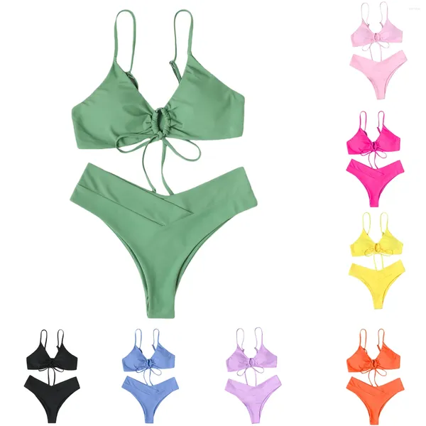 Damen-Bademode, Damen-Bikini-Set, Schnür-BH mit niedrigem Taillen-Slip, Sommer, einfarbig, Badeanzug, Strandkleidung