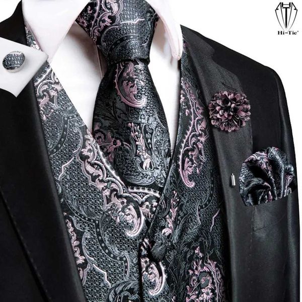 Coletes masculinos Hi-Tie de alta qualidade de seda Mens coletes rosa cinza floral colete gravata lenço abotoaduras broche conjunto para homens terno casamento escritório presente yq231031