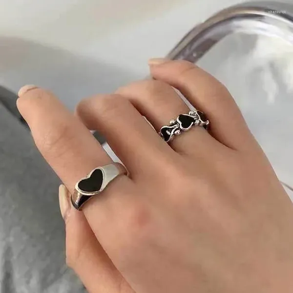 Cluster Ringe Mode Herz Set Silber Farbe Schwarz Hohl Niedliche Liebesring Frauen Mädchen Valentinstag Party Geschenk für Paar Liebhaber