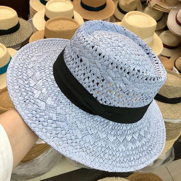 Berets oco gancho flor chapéu de palha francês elegante anti-ultravioleta praia lazer ao ar livre compras wear feminino azul verão