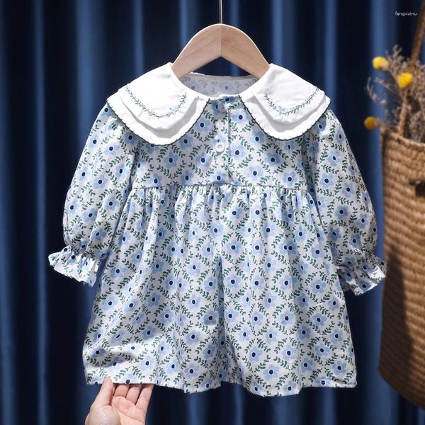 Mädchen Kleider 1-6Y Herbst Baby Kleid Doppel Schicht Puppe Kragen Langarm Koreanische Stil Mode Kleine Mädchen Blume