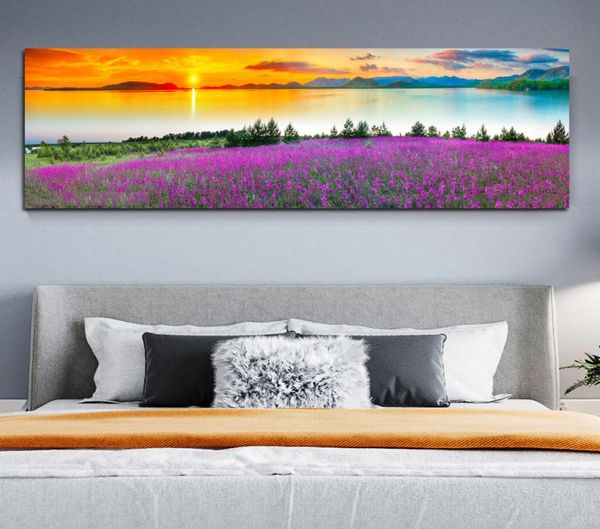 Tamanho grande pintura em tela pôr do sol lago flores natureza paisagem cartaz e impressão arte da parede imagem para o quarto decoração de casa cuadros4630325