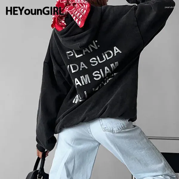 Hoodies femininos heyoungirl moda feminina carta impressão harajuku solto casual coreano moletom menina streetwear outono pullovers grunge