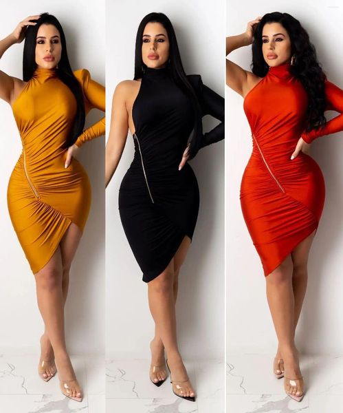 Abiti casual AVV 2023 Primavera Cerniera frontale Sexy Backless Manica lunga Increspato Aderente Fessura Mini abito Dolcevita Donna Party Night Club Wear