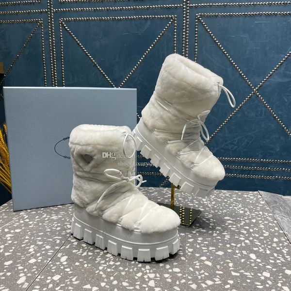 Botas de tornozelo de pele de carneiro de designer deslizamento em bootie de fundo robusto redondo dedo do pé de luxo rendas até bota de neve de esqui mulheres sapatos ao ar livre woo calçado de fábrica de fundo plano