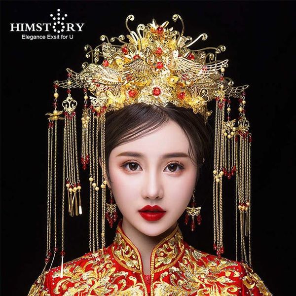 HIMSTORY Klassische chinesische Hochzeit Phoenix Königin Krone Krone Bräute Gold Haarschmuck Accessoires Quaste Hochzeit Haarschmuck H0827294x