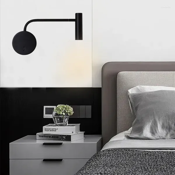 Lampada da parete Nordic minimalista Camera da letto Comodino Circolare Superficie di lettura a LED Piccola con interruttore Faretto rotante