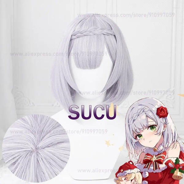 Fontes de festa jogo genshin impacto noelle cosplay peruca 35cm prata roxo curto anime perucas resistente ao calor cabelo sintético dia das bruxas