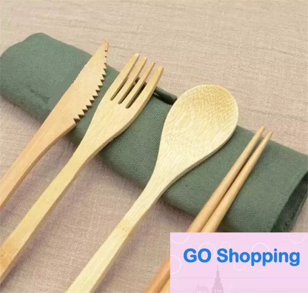 Moda conjunto de louça de madeira colher de chá de bambu garfo sopa faca conjuntos de talheres de catering com saco de pano ferramentas de cozinha utensílio