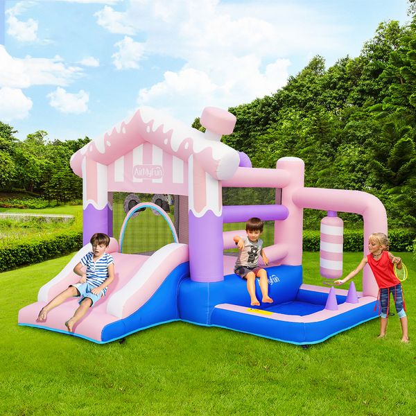 Buttafuori Casa Gonfiabile Con Ventilatore Piscina Con Palline Bambini Che Saltano Maglione Castello Scivolo Gonfiabile Casetta Da Gioco Coperta All'aperto In Vendita Parco Giochi I Bambini Giocano Divertindosi Gelato Rosa