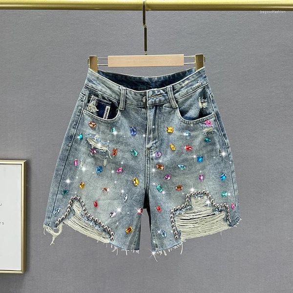Jeans femininos rasgados shorts curtos 2023 verão cintura alta buracos soltos diamante jean meninas estudantes calças