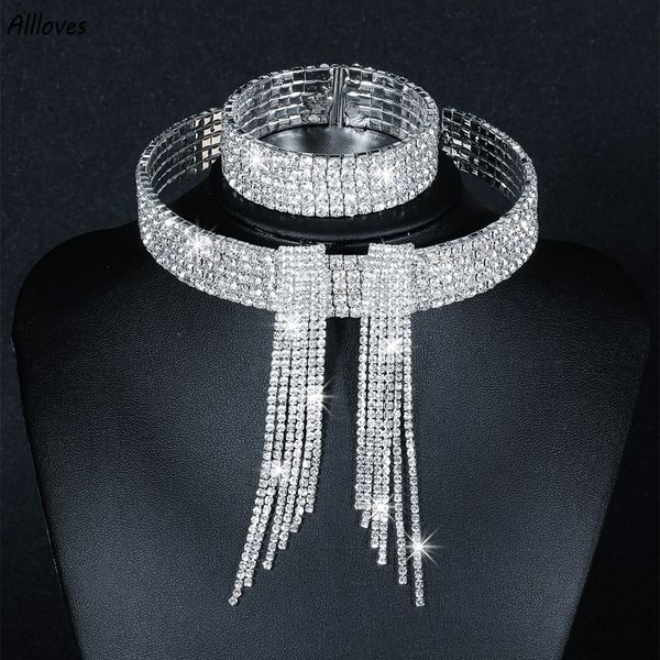 Clássico elegante borla cristal conjuntos de jóias de noiva africano strass casamento colar brincos pulseira conjuntos acessórios da noiva para o casamento cl2860