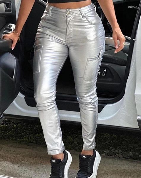 Damenhose Silber Pu Für Frauen Hohe Taille Taschen Design Metallic Gerade Hose 2023 Y2K Mädchen Glänzend Weiblich