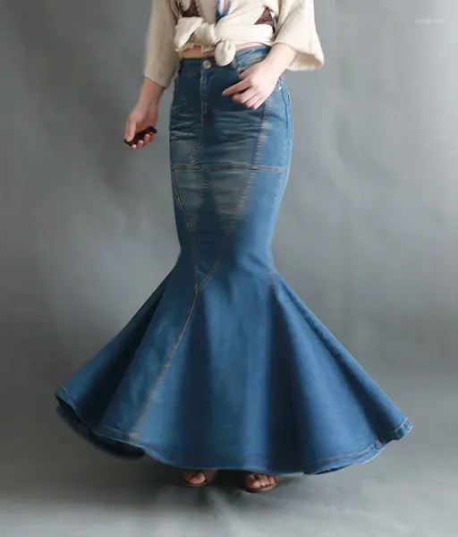 Юбки в европейском и американском стиле, длинная юбка «рыбий хвост», женская красивая строчка, большая швабра, джинсовая облегающая оболочка