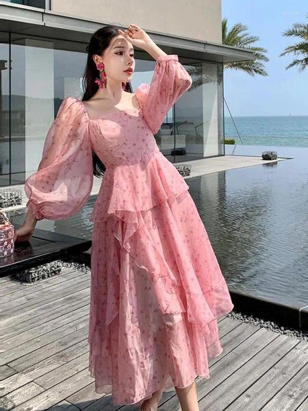 Повседневные платья, винтажное розовое милое платье миди с цветочным принтом, женское элегантное платье с длинными рукавами и оборками, сказочное женское платье 2023, весеннее пляжное вечерние шик