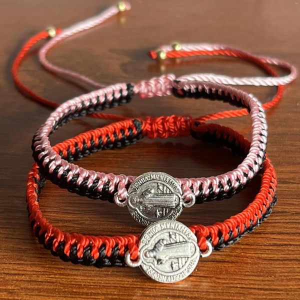 Braccialetti a maglie Bracciale di preghiera intrecciato a mano puro rosso e nero di San Benedetto da 12 pezzi