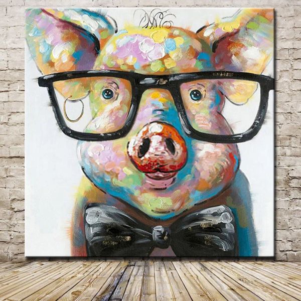 Modernes abstraktes Ölgemälde auf Leinwand, Kopie mit Brille, Schwein, Tier, Wandkunst, Foto zum Bild, handgefertigt, für Kinderzimmer, Heimdekoration, Weihnachtsgeschenke