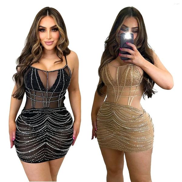 Lässige Kleider Damen Luxus Diamanten Spaghetti Kleid Durchsichtig Mesh Rückenfrei Sexy Nachtclub Für Party Minikleider Großhandel