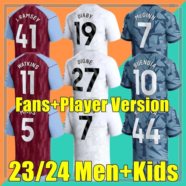 23 24 DIABY Futebol Jerseys Kids Kit Home 23 24 Aston Villas Camisa de Futebol Treinamento Fora Fãs Versão Jogador Kamara Camisetas MINGS McGINN WATKINS Maillot Foot777